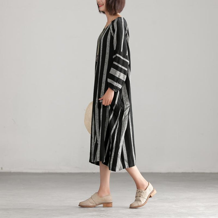 Unique linen cotton quilting dresses stylish Black And Gary Stripe Casual Loose Dress