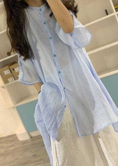 Unique low high design linen shirt dress Catwalk blue Dresses - SooLinen