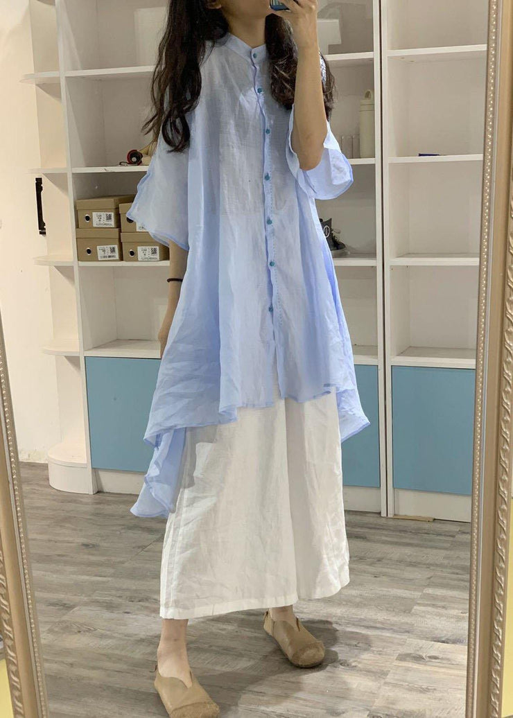 Unique low high design linen shirt dress Catwalk blue Dresses - SooLinen