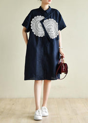 Unique navy tunic dress o neck patchwork lace Art summer Dress - SooLinen