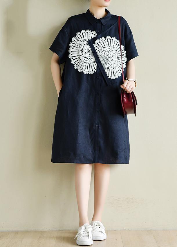 Unique navy tunic dress o neck patchwork lace Art summer Dress - SooLinen