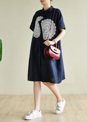 Unique navy tunic dress o neck patchwork lace Art summer Dress - SooLinen