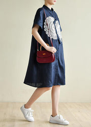 Unique navy tunic dress o neck patchwork lace Art summer Dress - SooLinen