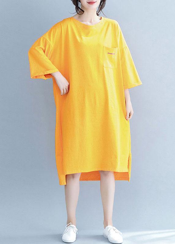 Unique o neck half sleeve Cotton Tunics design orange Dresses - SooLinen