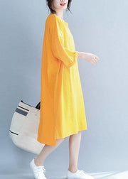 Unique o neck half sleeve Cotton Tunics design orange Dresses - SooLinen