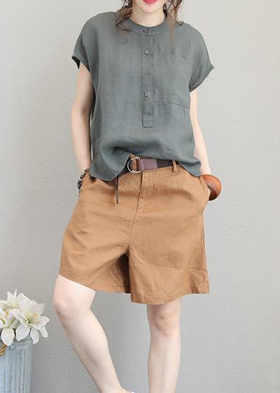 Unique o neck linen tops women blouses low high design Plus Size Clothing gray green shirt - SooLinen