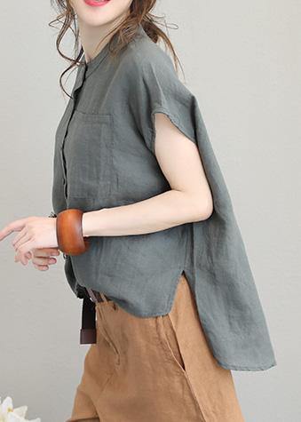 Unique o neck linen tops women blouses low high design Plus Size Clothing gray green shirt - SooLinen