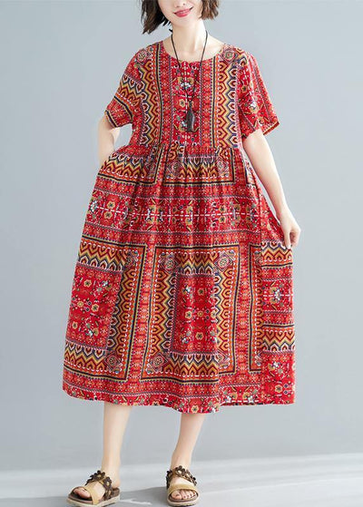 Unique o neck patchwork cotton dresses Shape red print A Line Dress summer - SooLinen