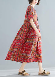 Unique o neck patchwork cotton dresses Shape red print A Line Dress summer - SooLinen