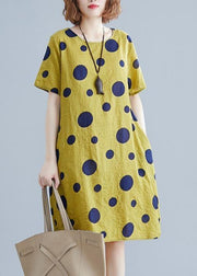 Unique o neck pockets Cotton clothes Wardrobes yellow dotted Dresses - SooLinen