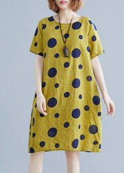 Unique o neck pockets Cotton clothes Wardrobes yellow dotted Dresses - SooLinen