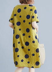 Unique o neck pockets Cotton clothes Wardrobes yellow dotted Dresses - SooLinen