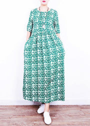 Unique o neck Cinched linen summer clothes Neckline green print Dresses - SooLinen