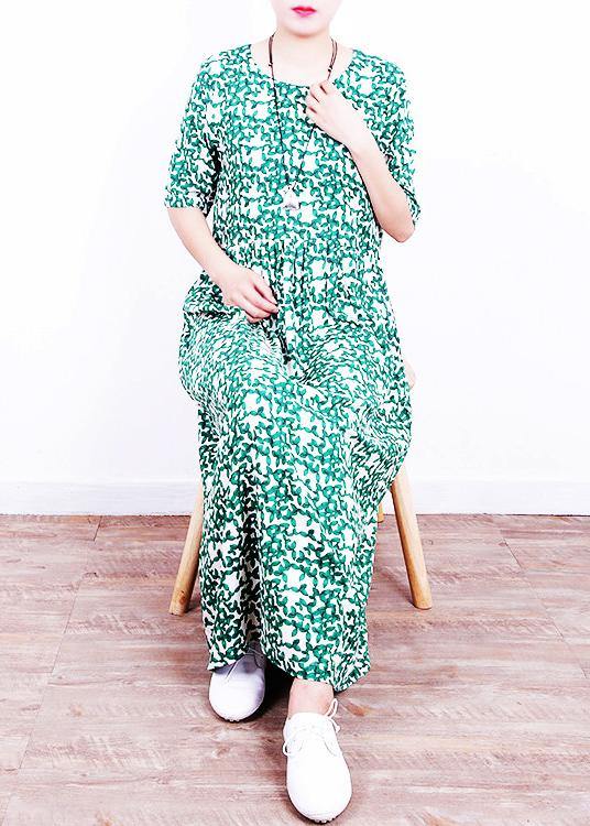 Unique o neck Cinched linen summer clothes Neckline green print Dresses - SooLinen