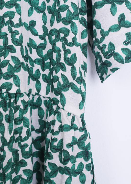 Unique o neck Cinched linen summer clothes Neckline green print Dresses - SooLinen