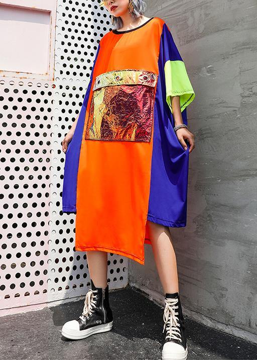 Unique orange blue patchwork chiffon For Women 2019 o neck asymmetric Maxi Summer Dress - SooLinen