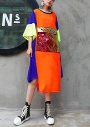 Unique orange blue patchwork chiffon For Women 2019 o neck asymmetric Maxi Summer Dress - SooLinen