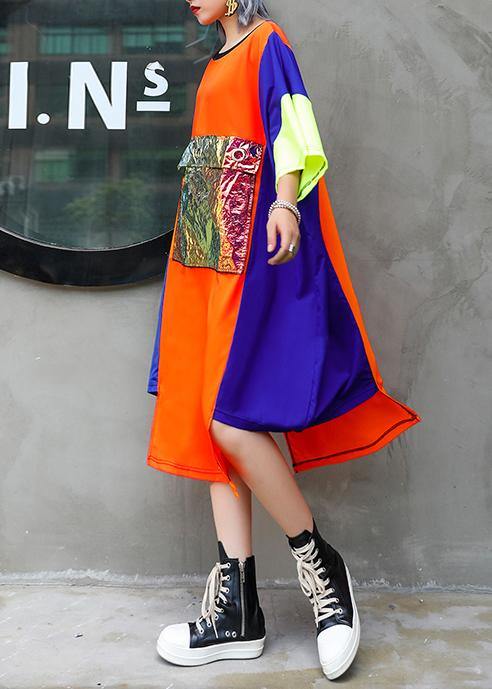 Unique orange blue patchwork chiffon For Women 2019 o neck asymmetric Maxi Summer Dress - SooLinen