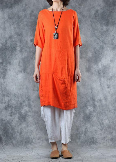 Unique orange linen tops women cotton o neck mid long tops - SooLinen