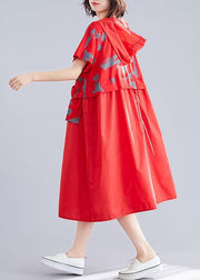 Unique patchwork cotton clothes Shape red hooded loose Dresses summer - SooLinen