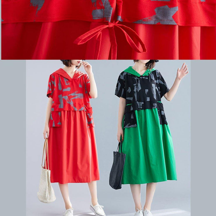 Unique patchwork cotton clothes Shape red hooded loose Dresses summer - SooLinen