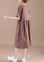 Unique red Plaid Cotton dresses Fashion Photography patchwork pockets short Summer Dresses - SooLinen