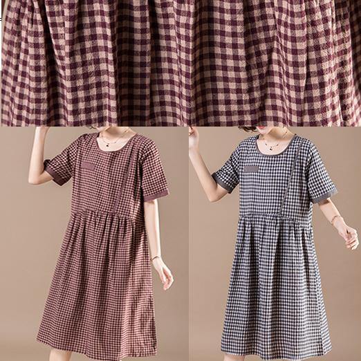 Unique red Plaid Cotton dresses Fashion Photography patchwork pockets short Summer Dresses - SooLinen