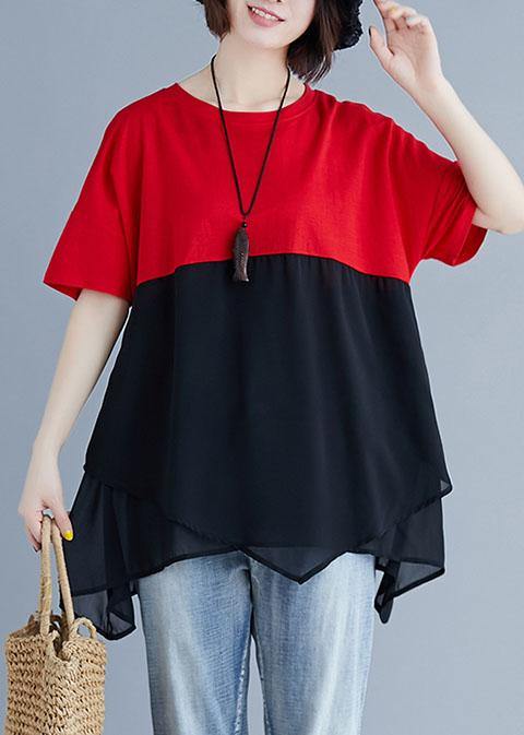 Unique red chiffon o neck patchwork silhouette summer blouse - SooLinen