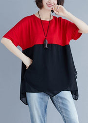 Unique red chiffon o neck patchwork silhouette summer blouse - SooLinen