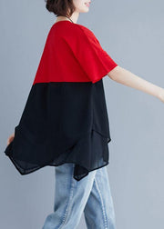 Unique red chiffon o neck patchwork silhouette summer blouse - SooLinen