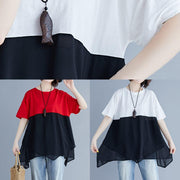 Unique red chiffon o neck patchwork silhouette summer blouse - SooLinen