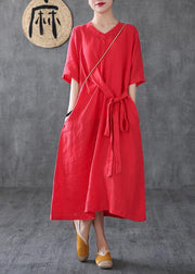 Unique red linen clothes v neck Maxi Dress - SooLinen