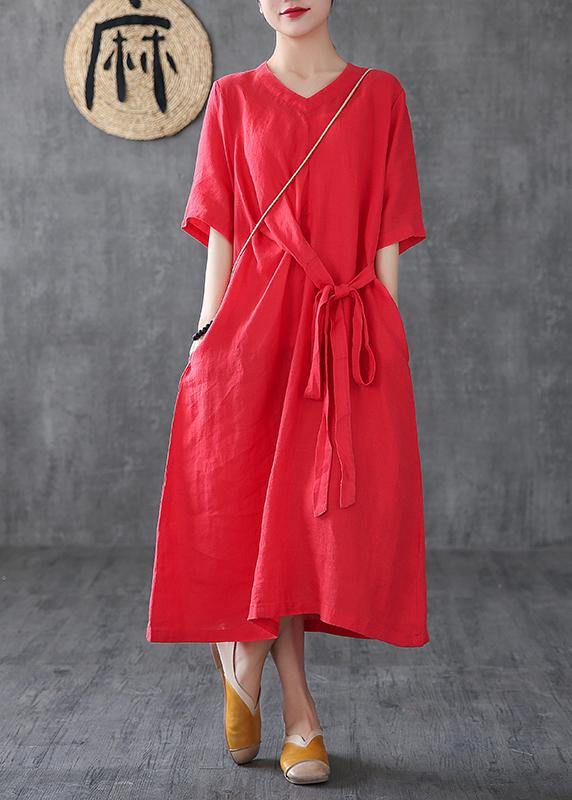 Unique red linen clothes v neck Maxi Dress - SooLinen