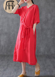 Unique red linen clothes v neck Maxi Dress - SooLinen