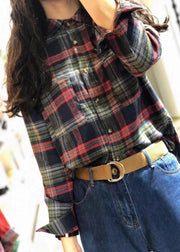 Unique red plaid cotton tunic top lapel collar silhouette autumn shirts - SooLinen