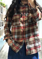 Unique red plaid cotton tunic top lapel collar silhouette autumn shirts - SooLinen