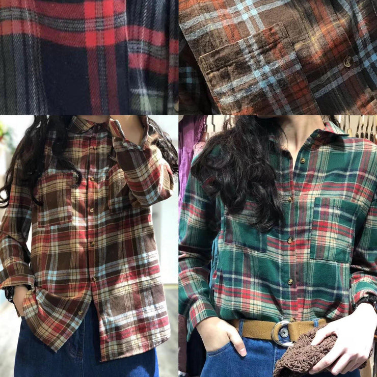 Unique red plaid cotton tunic top lapel collar silhouette autumn shirts - SooLinen