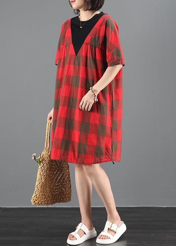 Unique red plaid tunic dresso neck patchwork A Line summer Dresses - SooLinen