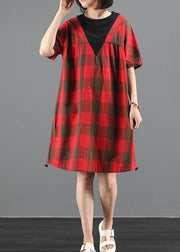 Unique red plaid tunic dresso neck patchwork A Line summer Dresses - SooLinen