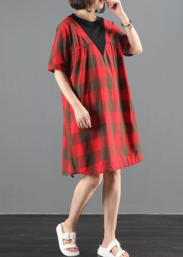 Unique red plaid tunic dresso neck patchwork A Line summer Dresses - SooLinen