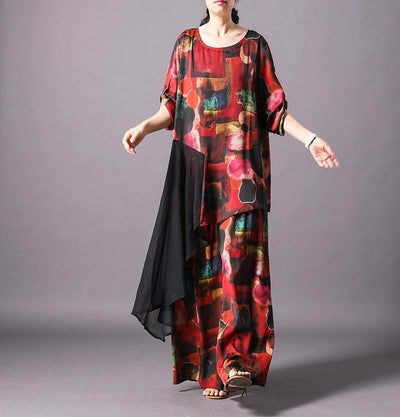 Unique silk clothes Omychic Print Spliced Irregular Blouse And Wide Leg Pants - SooLinen