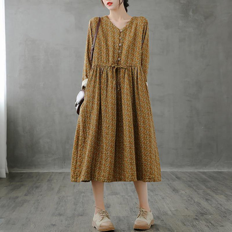 Unique stand collar drawstring fall dresses yellow print Art Dresses - SooLinen