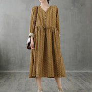 Unique stand collar drawstring fall dresses yellow print Art Dresses - SooLinen