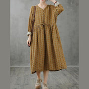 Unique stand collar drawstring fall dresses yellow print Art Dresses - SooLinen