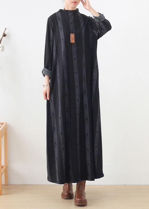 Unique stand collar pockets fall dresses Work black striped Dresses - SooLinen