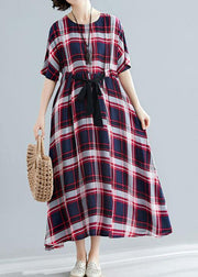 Unique tie waist cotton clothes For Women Shape red plaid cotton Dresses summer - SooLinen