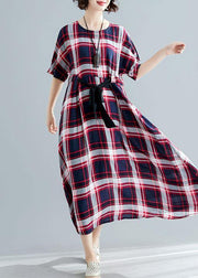 Unique tie waist cotton clothes For Women Shape red plaid cotton Dresses summer - SooLinen