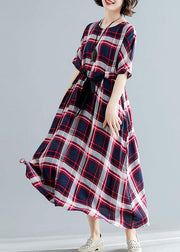 Unique tie waist cotton clothes For Women Shape red plaid cotton Dresses summer - SooLinen