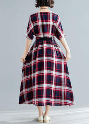 Unique tie waist cotton clothes For Women Shape red plaid cotton Dresses summer - SooLinen