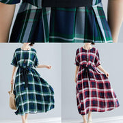 Unique tie waist cotton clothes For Women Shape red plaid cotton Dresses summer - SooLinen